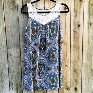 Xhilaration Boho Print & Lace Tunic Sun Dress Sleeveless Midi Dress Medium